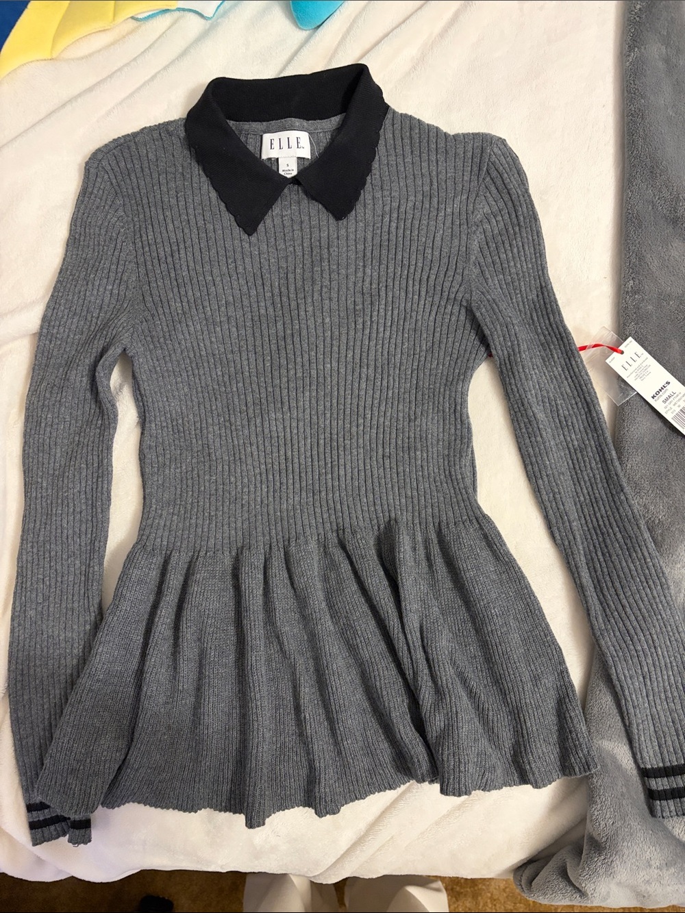 Elle Gray Ribbed Peplum Sweater with Black Collar